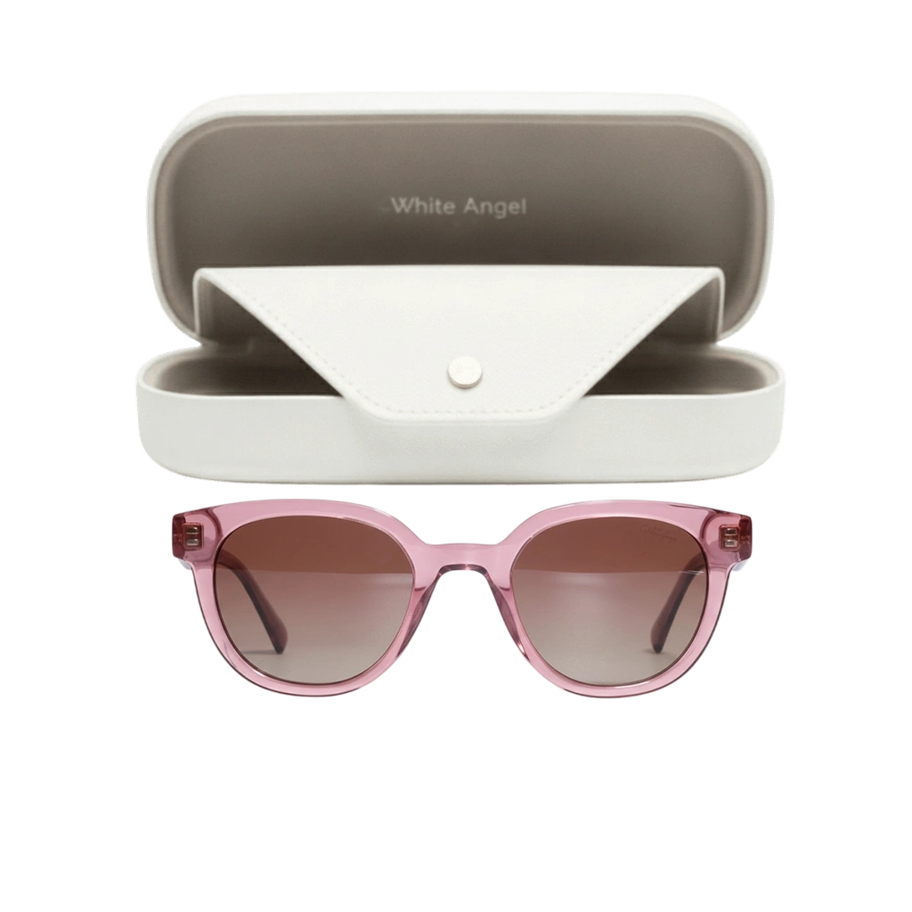 White Angel transparent pink sunglasses with a luxury white leather case.