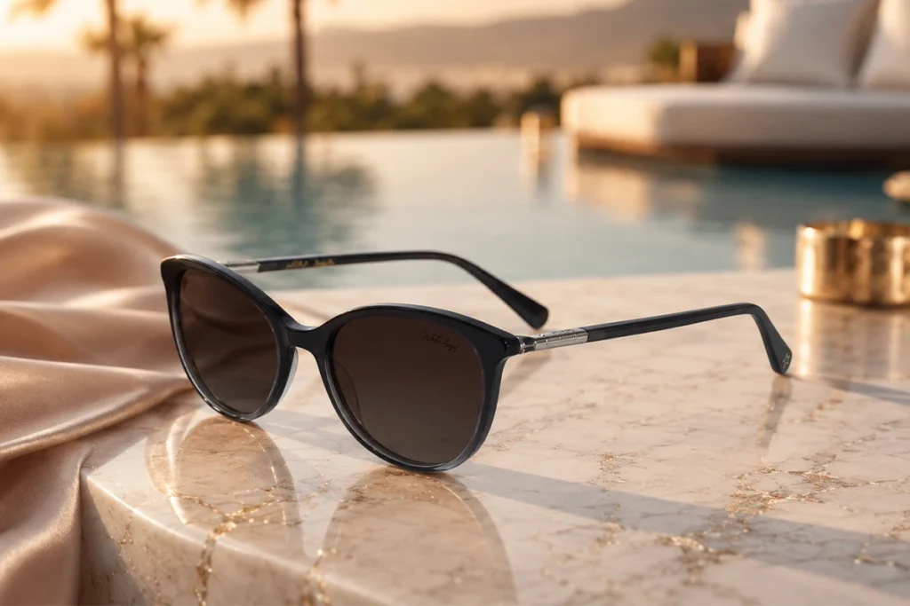 Black sunglasses beside a sunset pool.