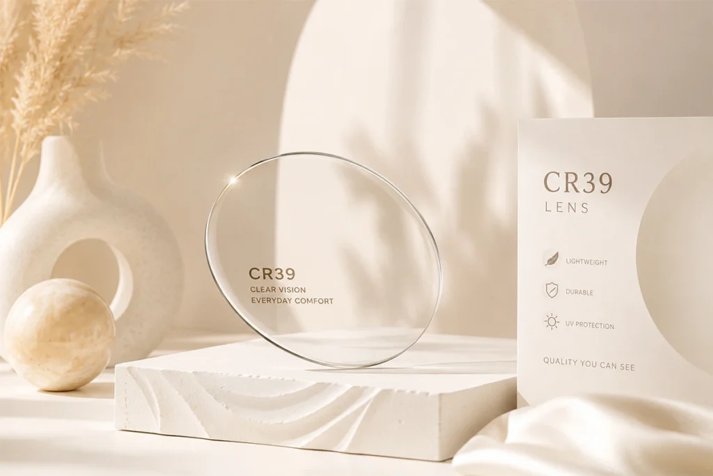 Clear CR39 lens on a minimalist cream display