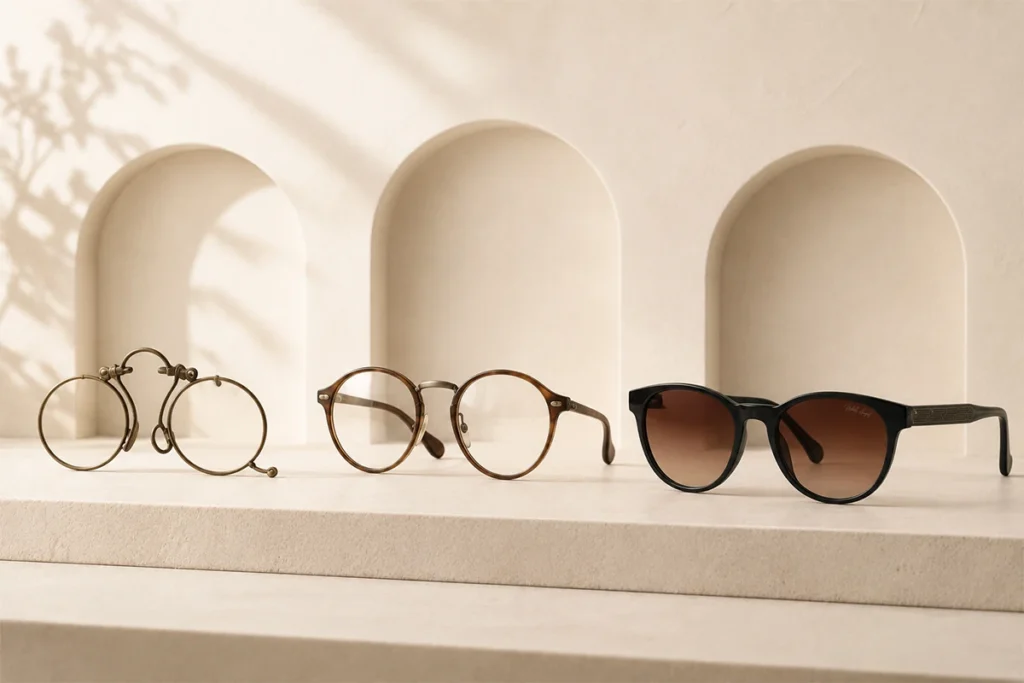 Eyewear evolution from antique frames to modern sunglasses