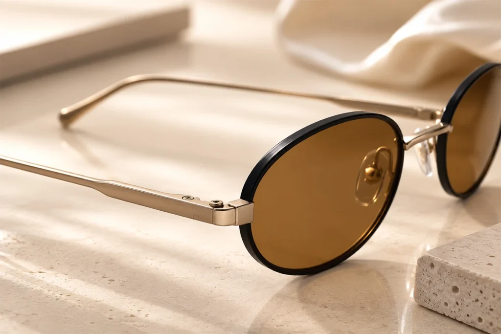 Luxury oval sunglasses close-up by White Angel Eyewear
