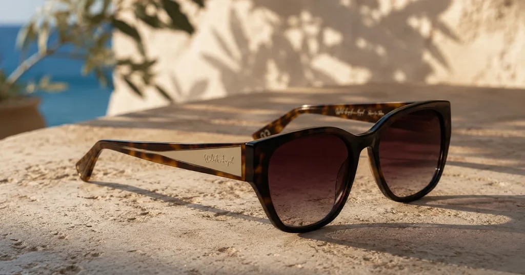 Tortoiseshell sunglasses on a stone surface